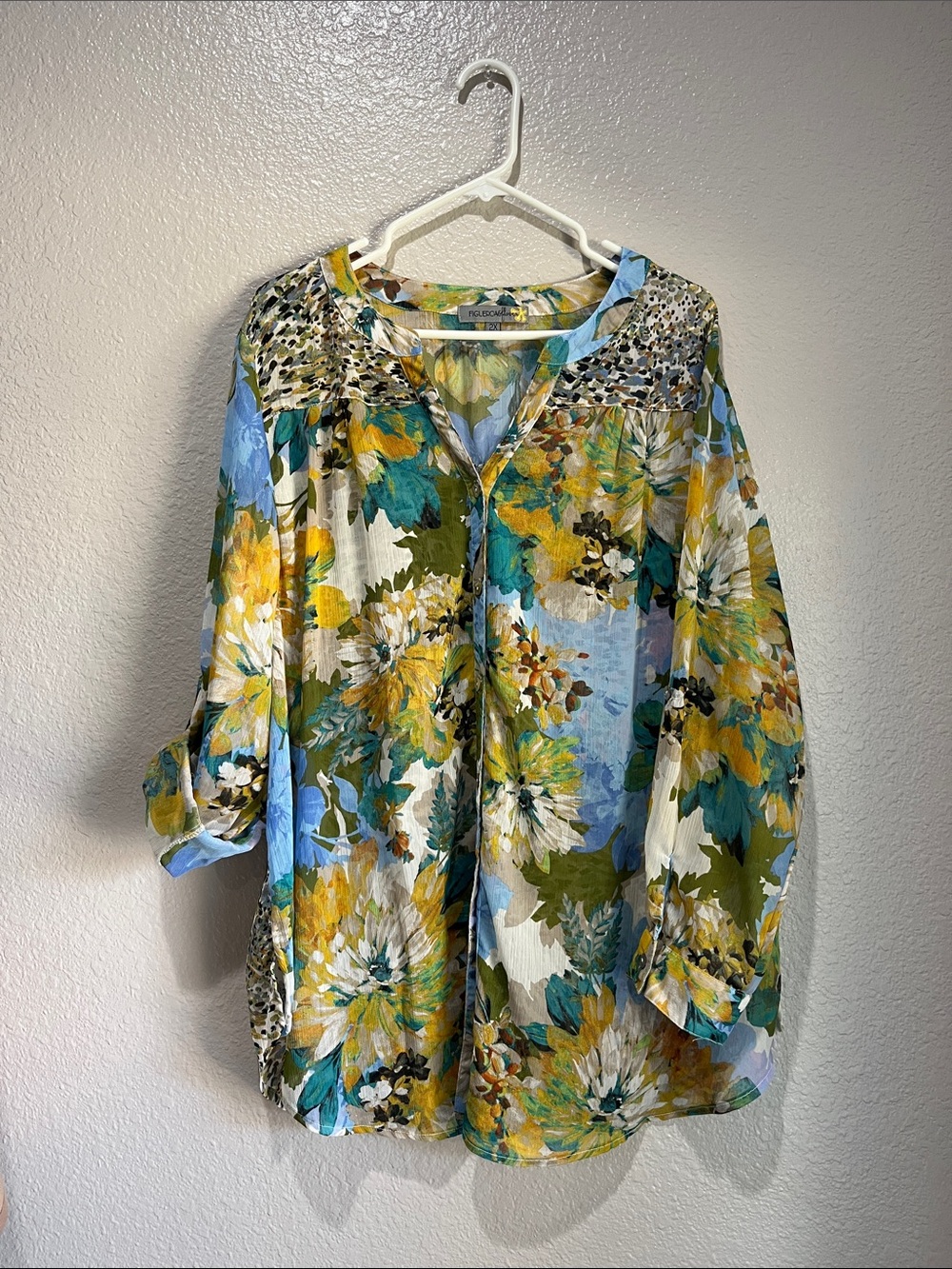 Floral Button-Front Tunic Blouse - Blue, Green & Yellow Sz 2X Lightweight Boho